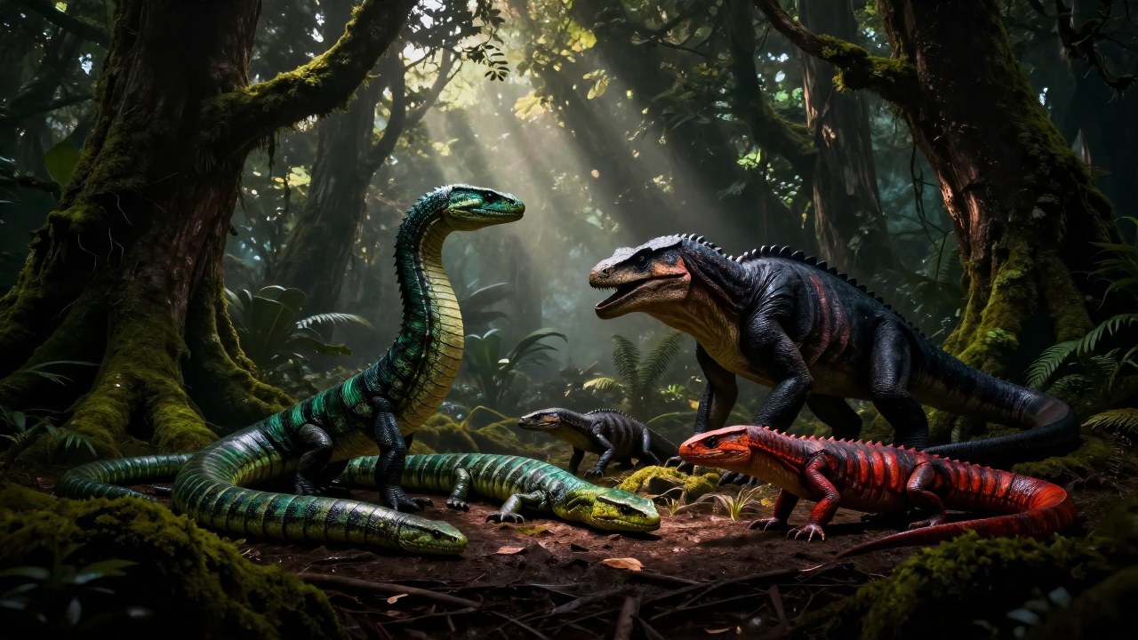 Varios tipos de Lindworm se agrupan en un bosque brumoso para representar diversidad taxonómica.