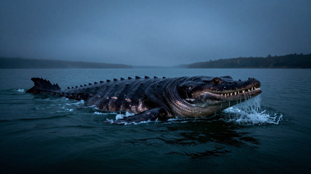 Creatura acuática colosal, representativa de la leyenda Ogopogo, irrumpe en la superficie de un lago oscuro.