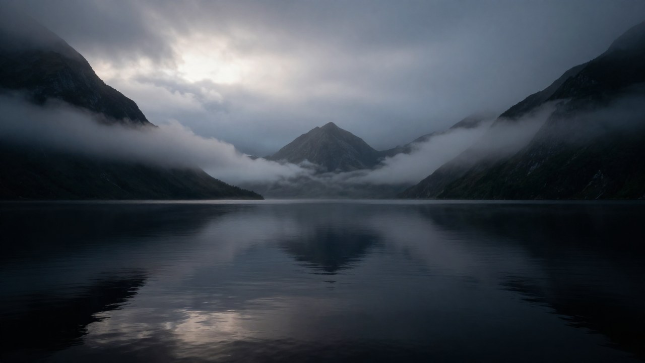 Silueta de una criatura legendaria emerge de las profundidades de un lago montañoso brumoso al amanecer.