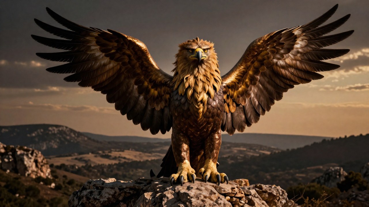 Grifo majestuoso y poderoso posado en roca antigua, mirando intensamente al espectador.