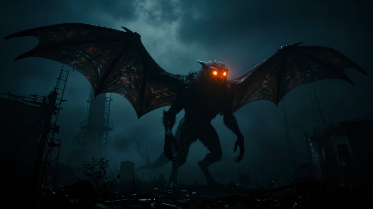 Criatura Mothman masiva con alas y ojos brillantes en una noche desolada y brumosa.