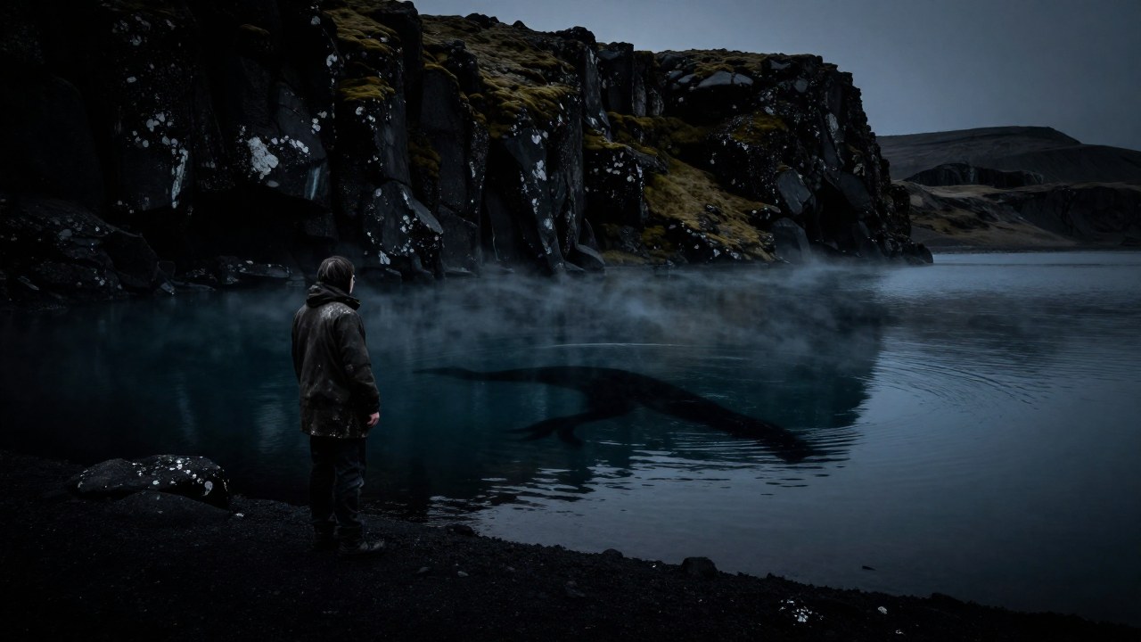 Persona al borde de un lago glacial, con la silueta de una criatura mítica emergiendo de la niebla.
