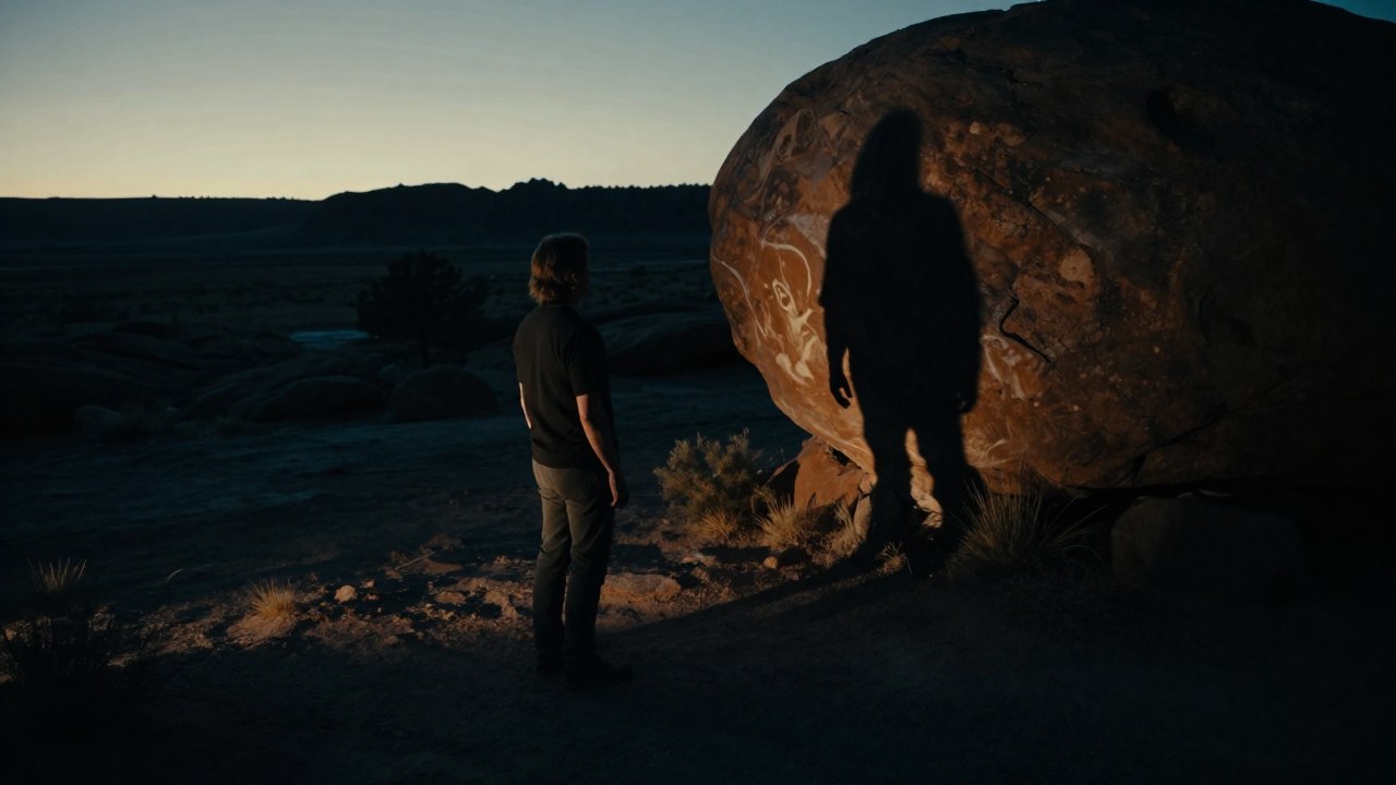 Una persona mira cautelosamente a una figura distorsionada en un paisaje árido al crepúsculo.