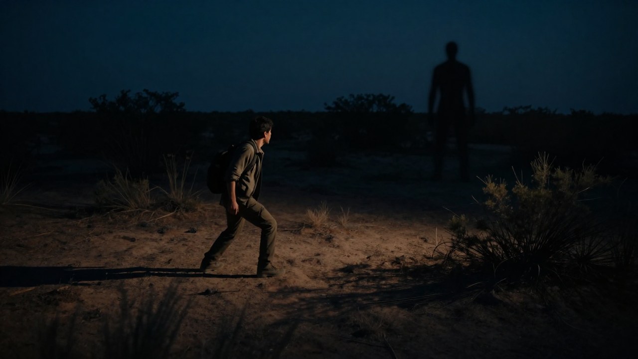 Figura solitaria en la naturaleza árida observa cautelosamente una inquietante silueta humanoide en la distancia.