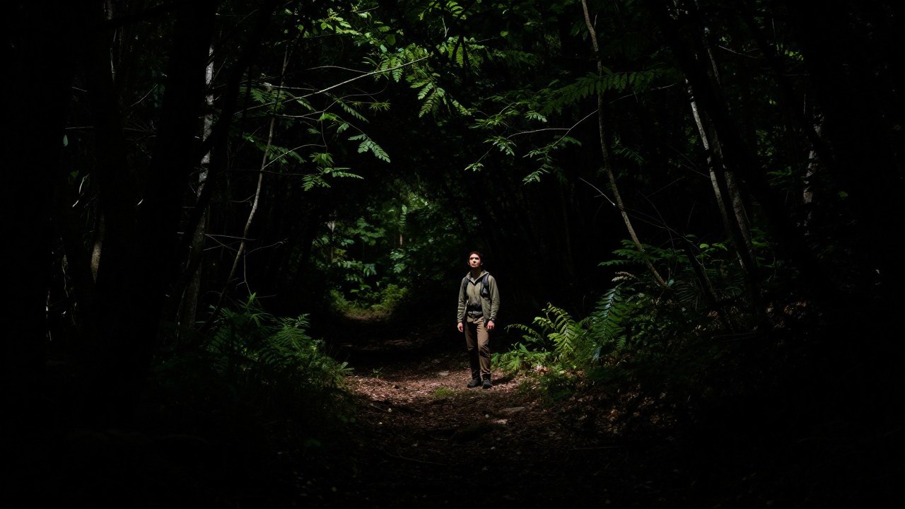 Un excursionista en un bosque denso mira cautelosamente hacia una zona oscura del monte.