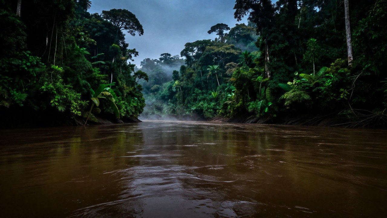 El vasto río Amazonas fluye a través de una densa selva tropical, destacando su poder primordial.