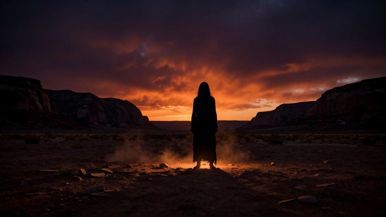 Figura imponente y luminosa en un paisaje árido de Navajo al anochecer, contra un cielo turbulento.