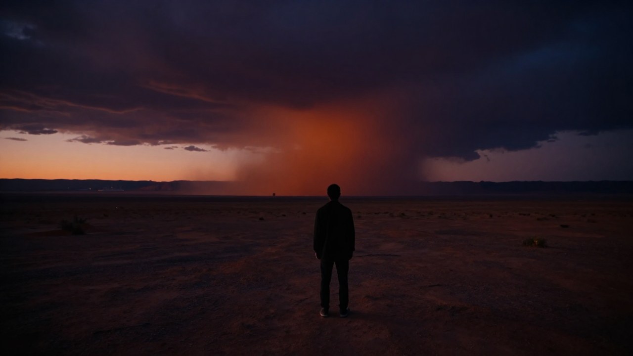 Figura solitaria observa una distorsión atmosférica en un vasto desierto árido al crepúsculo.