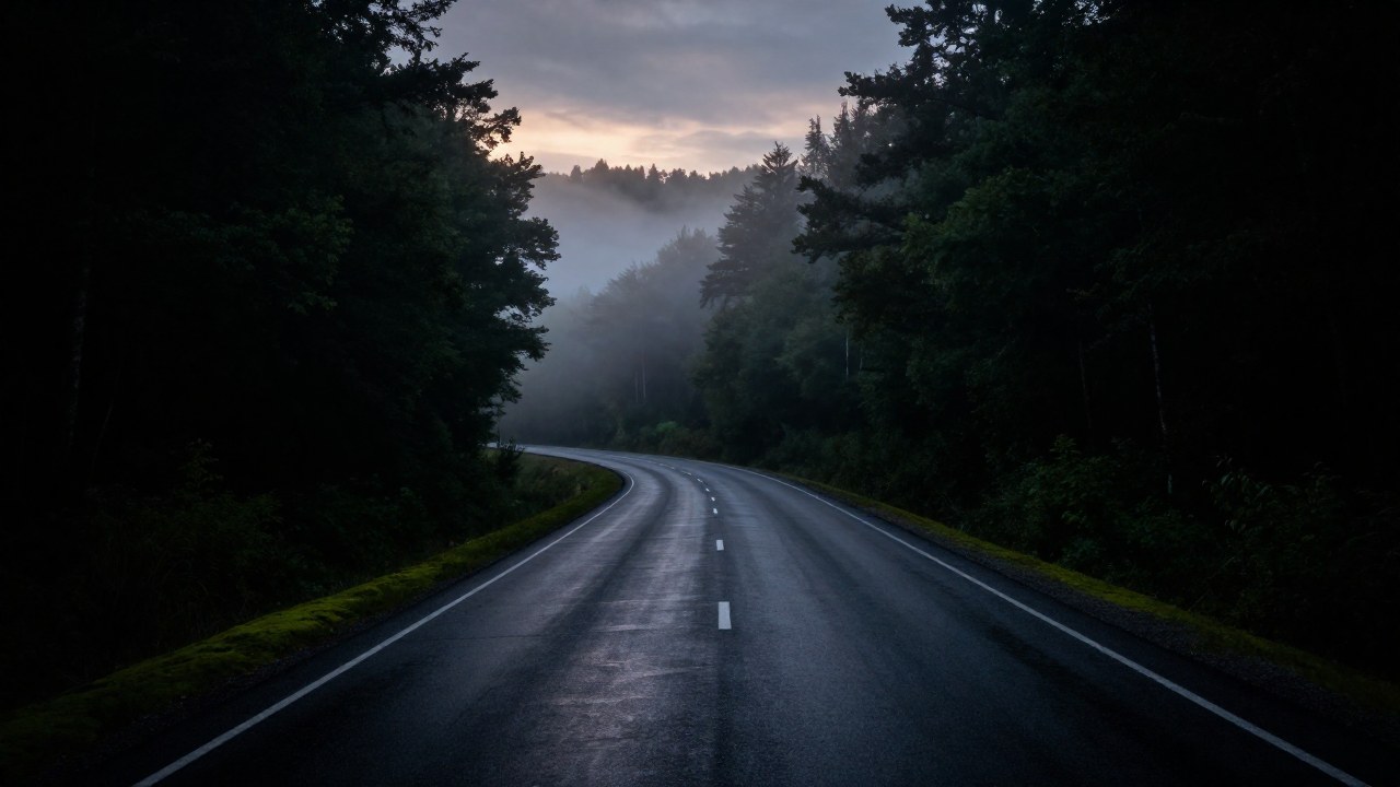 Carretera rural y aislada atraviesa un bosque brumoso en la penumbra del crepúsculo.