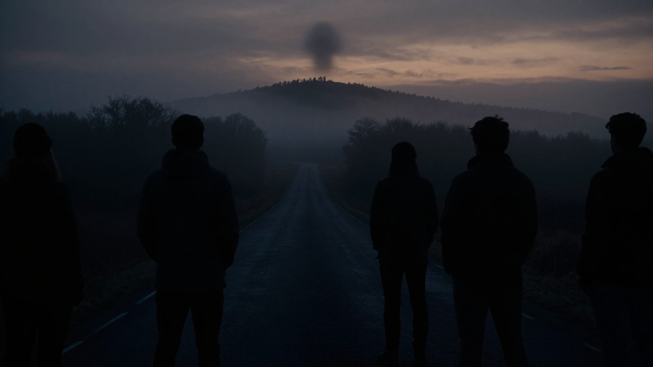 Siluetas de personas observando una sombra misteriosa en un paisaje rural brumoso al anochecer.