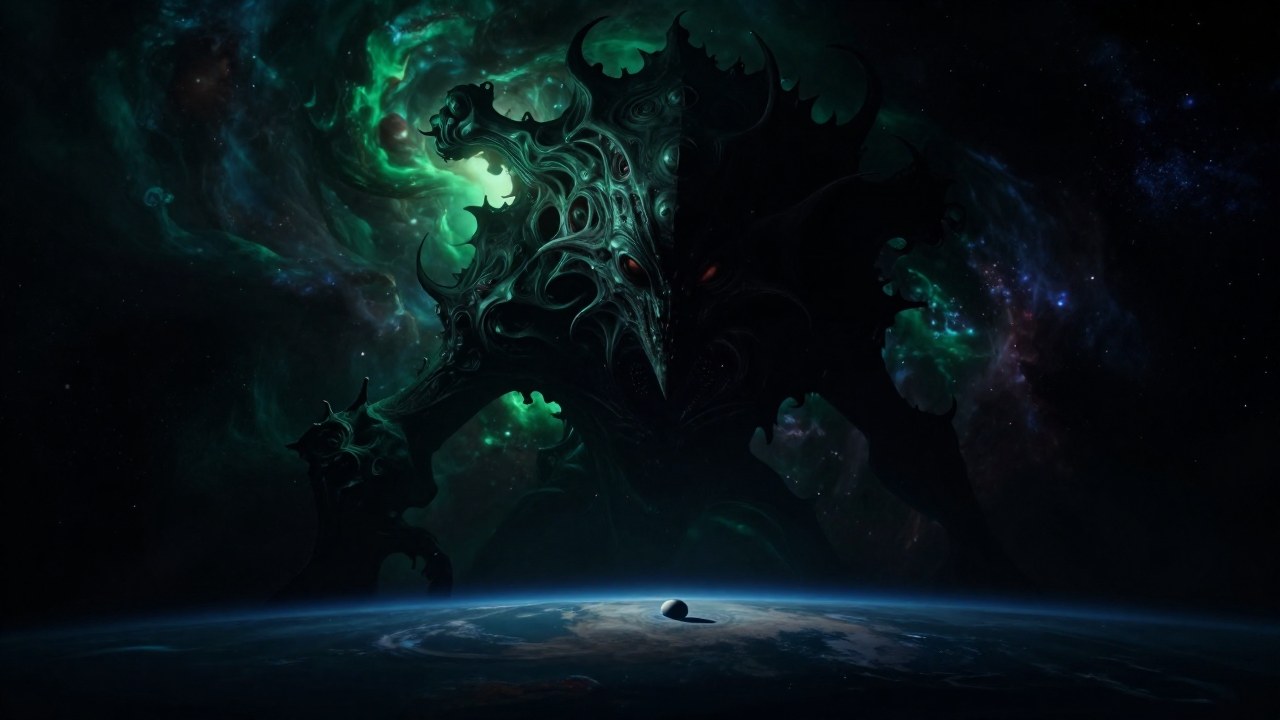 Entidad primordial colosal domina un paisaje cósmico desolado sobre un pequeño planeta.