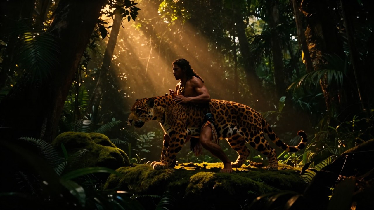 Un hombre se transforma en un jaguar musculoso en la selva mesoamericana.