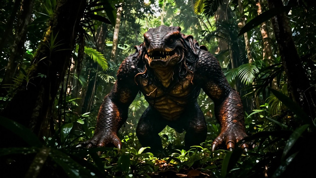 Mapinguari, una criatura del folclore amazónico, emerge de la densa vegetación de la selva.