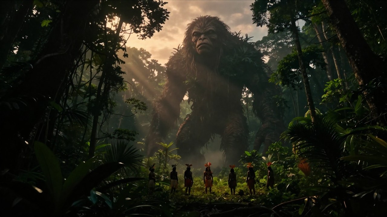 Personas indígenas se encuentran en la selva amazónica, frente a la presencia colosal de la entidad mitológica Mapinguari.