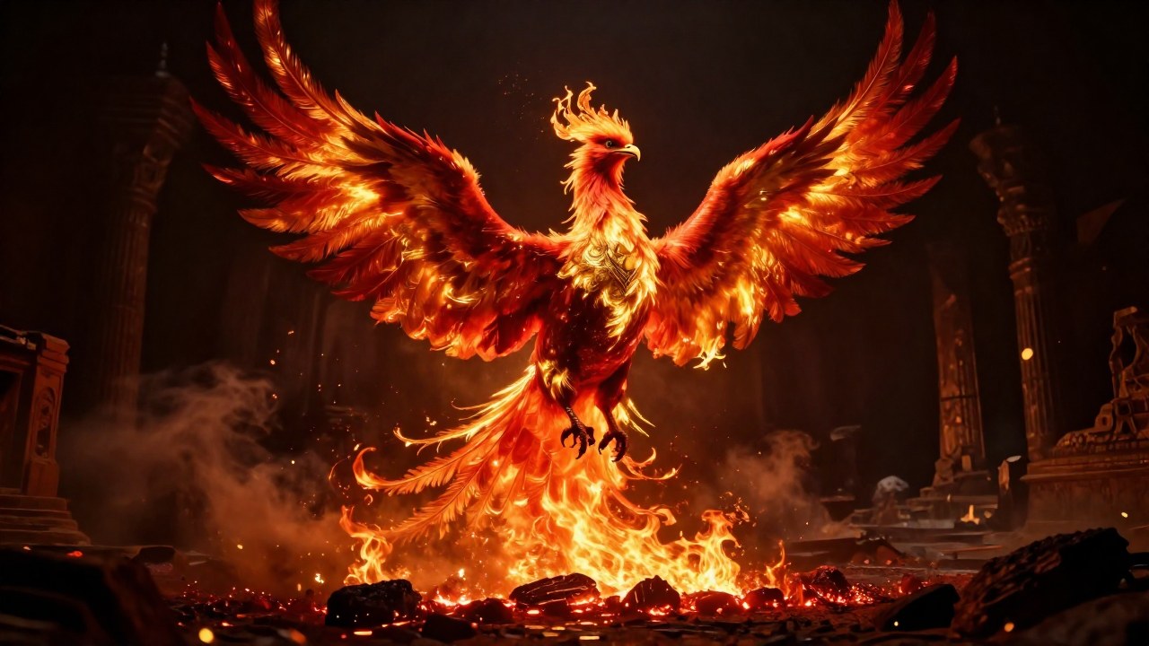 Un Fénix emerge dinámicamente de una pila de cenizas doradas y rojas en un paisaje ancestral.