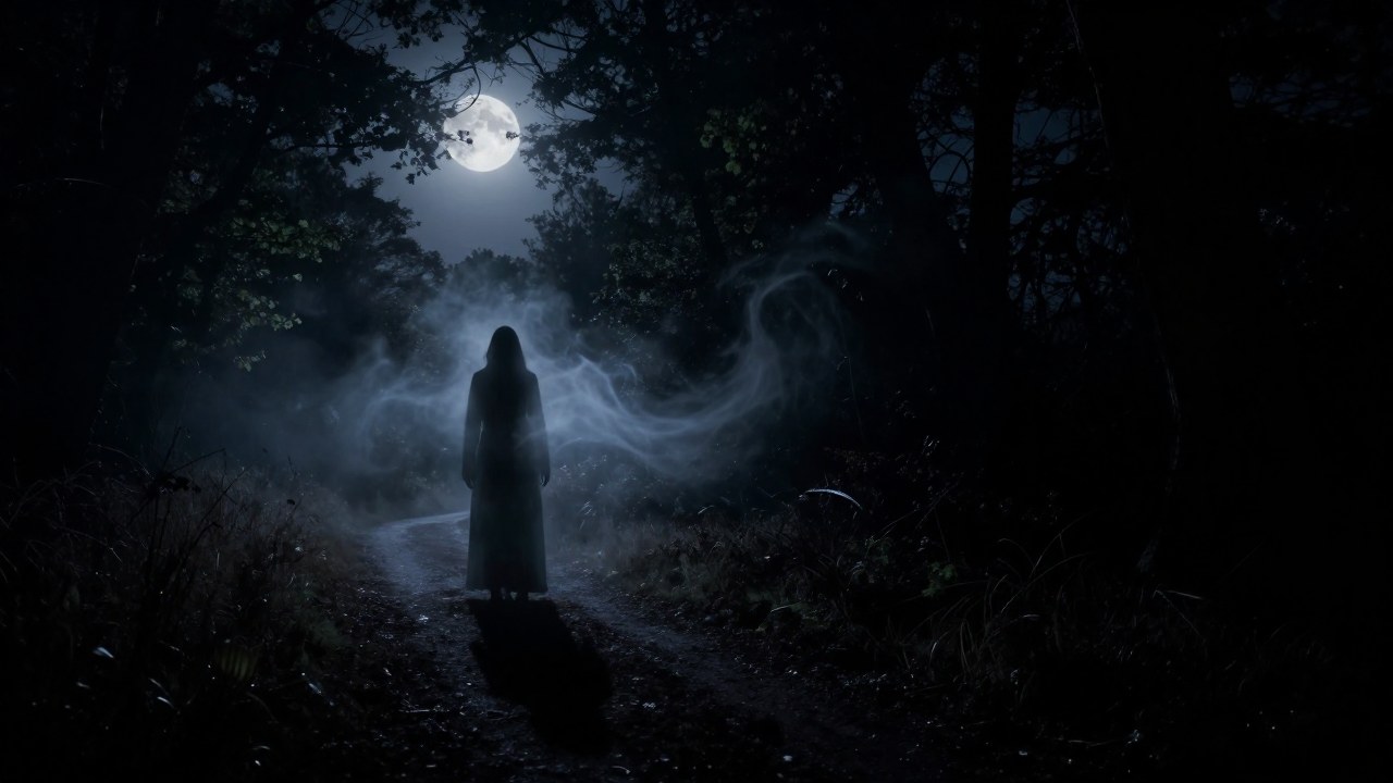 El Silbón, una figura fantasmal, en un bosque nocturno dividido entre la luz y la profunda sombra.