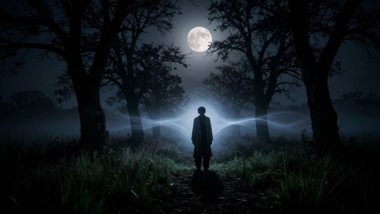 El Silbón, una figura solitaria, está en un paisaje nocturno brumoso, emitiendo una onda de vibración visible.