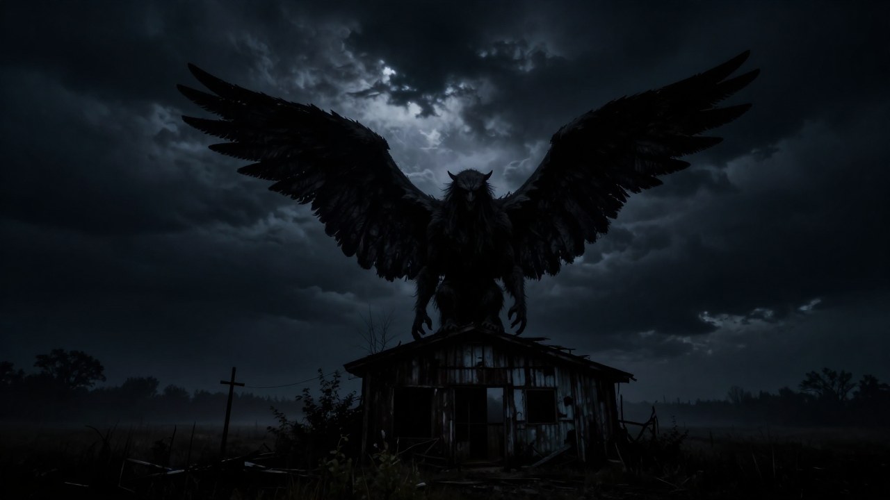 Figura alada colosal posada ominosamente sobre una estructura desolada bajo un cielo nocturno tormentoso.