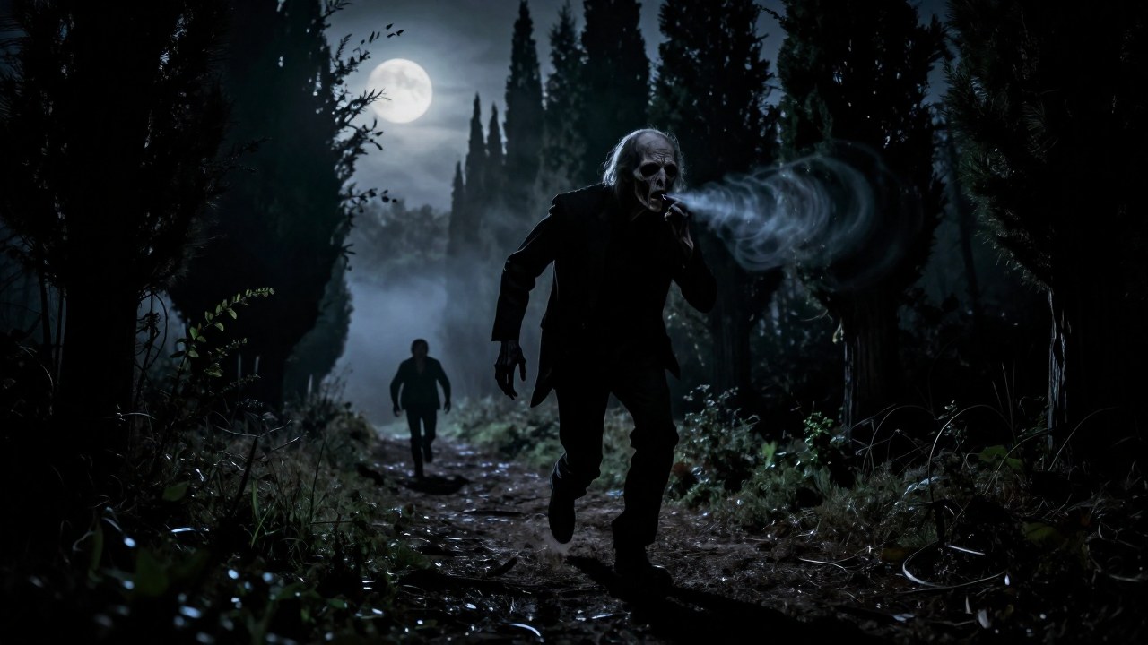 El Silbón, figura espectral, persigue a una persona aterrada por un bosque oscuro y brumoso.
