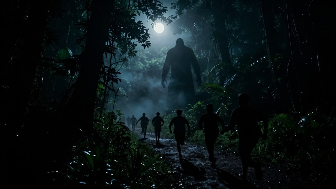 Grupo de personas huyendo desesperadamente de El Silbón, una figura amenazante en la niebla de la selva.