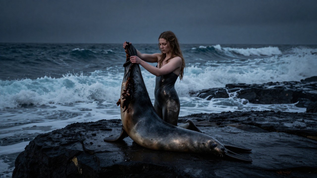 Una Selkie mitológica en la orilla de un mar turbulento, sosteniendo su piel de foca.