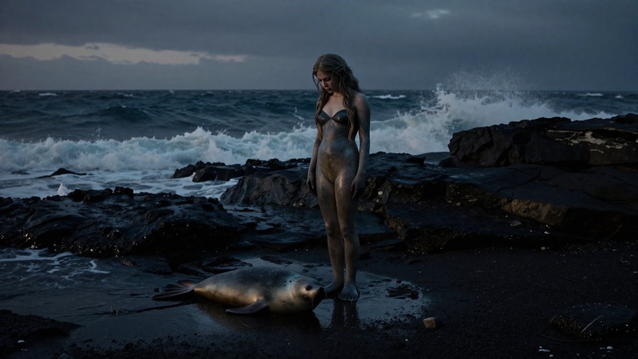 Una criatura Selkie se encuentra en la costa al anochecer, contemplando la piel de foca abandonada en la arena.