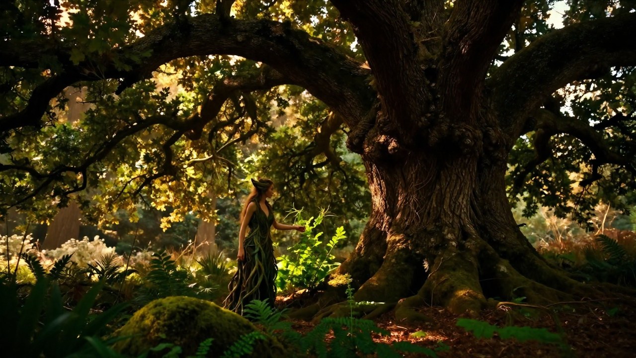Una Dryad se encuentra en el tronco de un roble antiguo, representando la conexión simbiótica con la naturaleza.