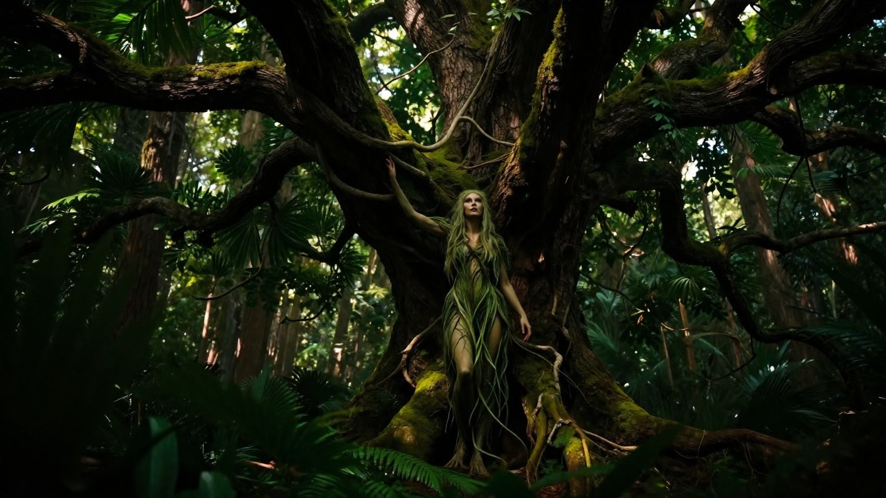 Dryad entrelazada con las ramas de un árbol colosal en un denso bosque ancestral.