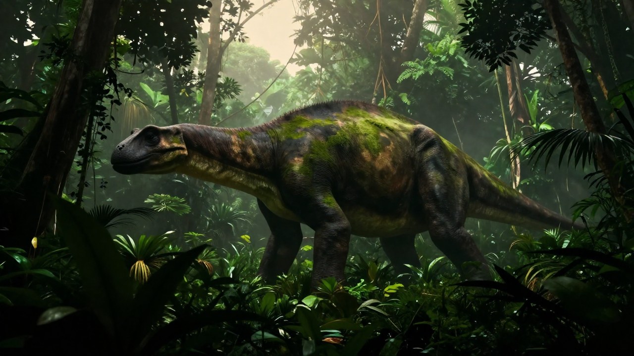 Criatura cryptozoológica gigante oculta en la neblina de un pantano africano al amanecer.