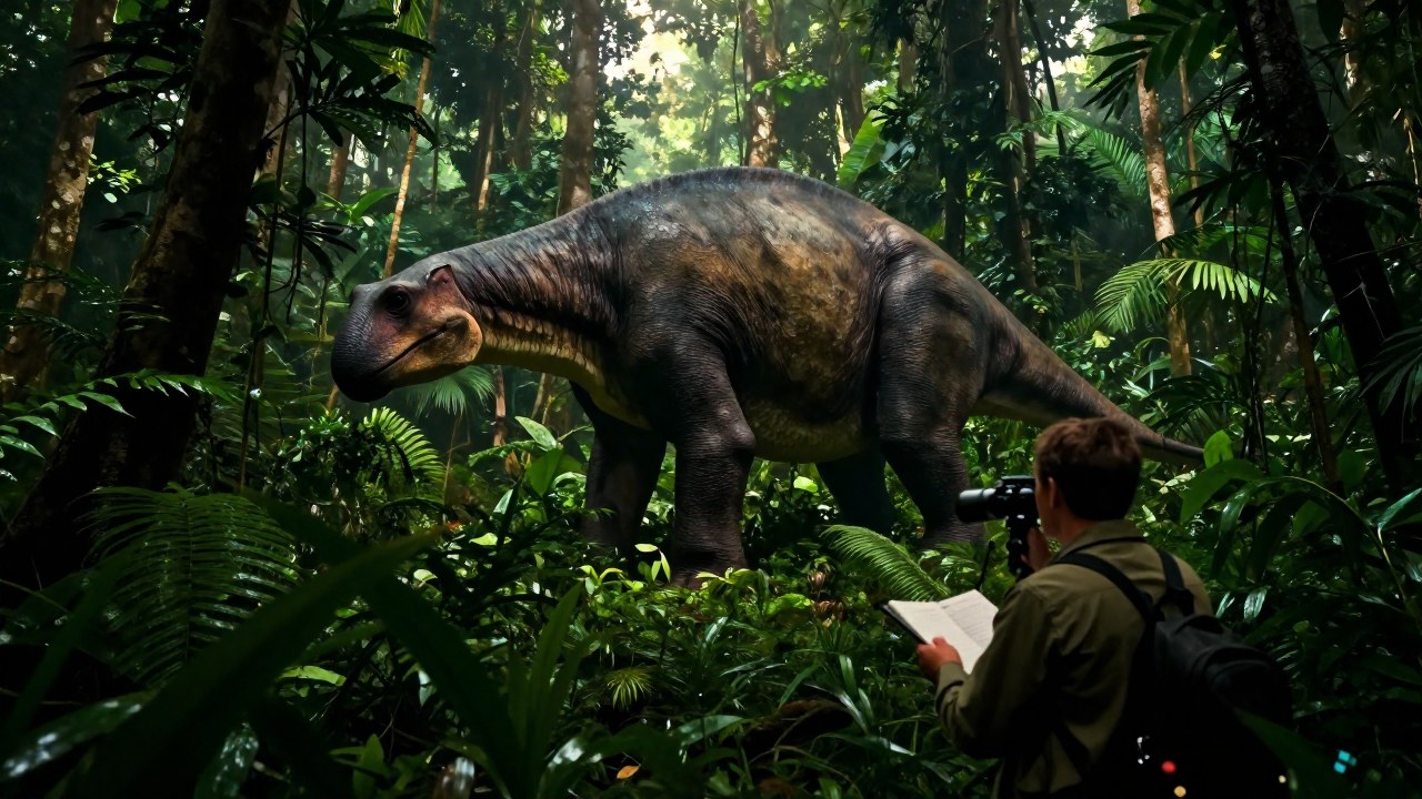 Biólogo de campo observa un criptido masivo y elusivo dentro de la densa selva africana.