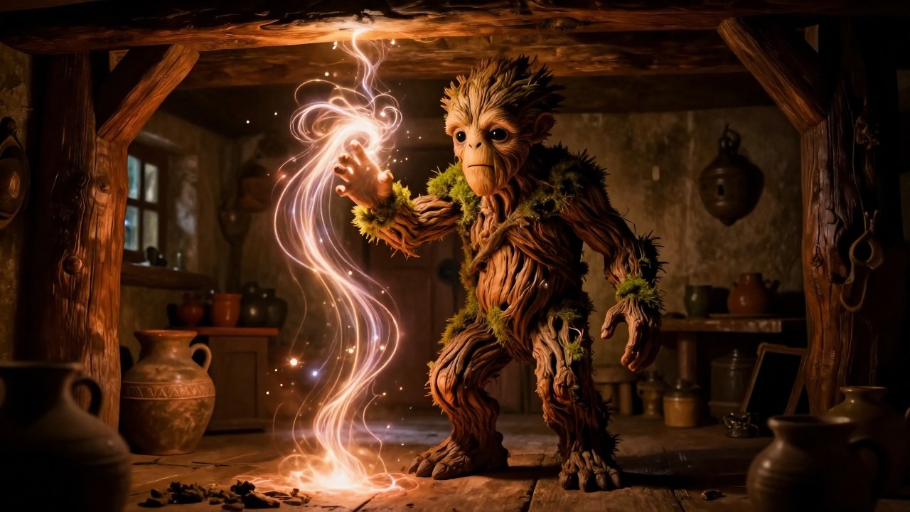 Un Brownie ancestral emana energía mágica desde sus manos dentro de una cabaña rústica.