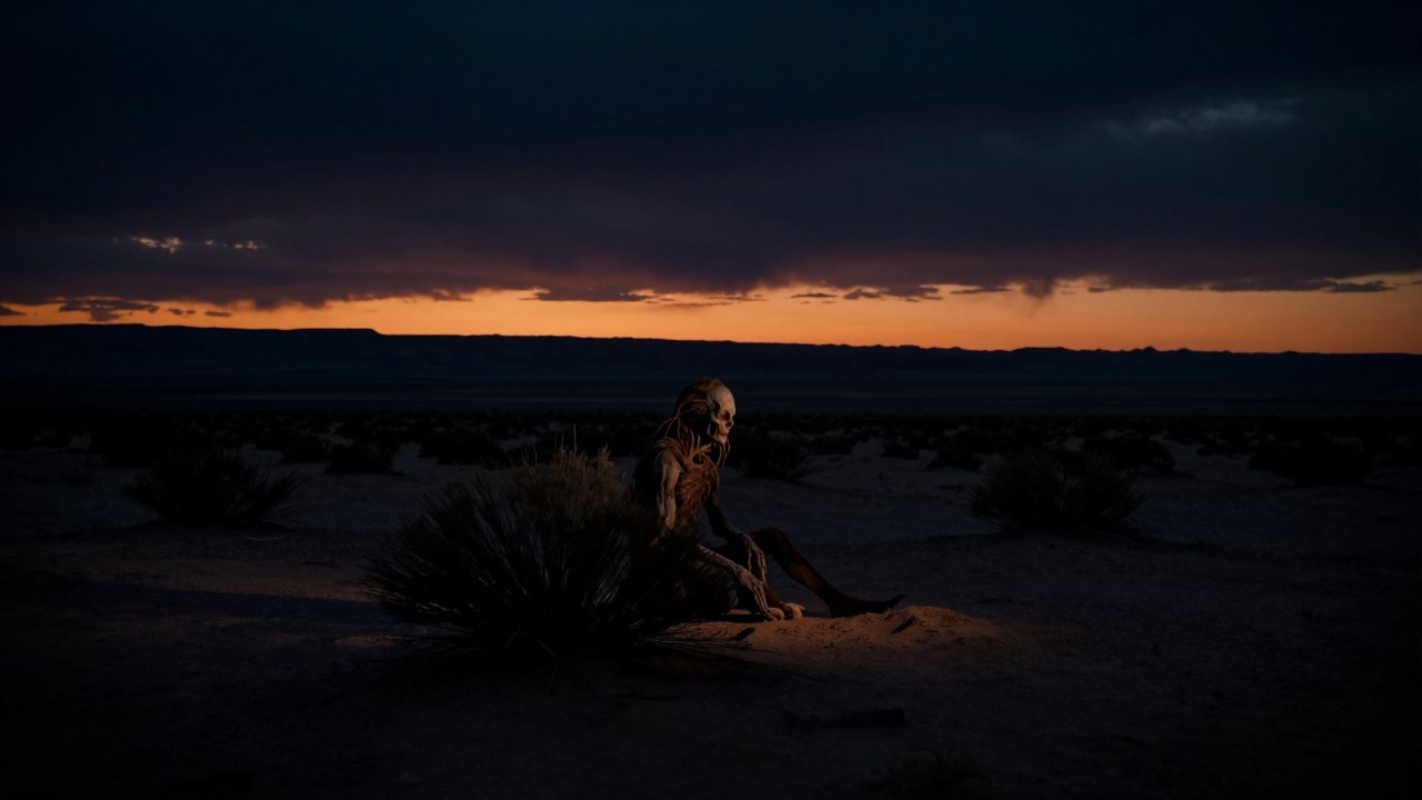 Una figura humanoide y distorsionada se oculta en un desolado paisaje del suroeste americano al atardecer.