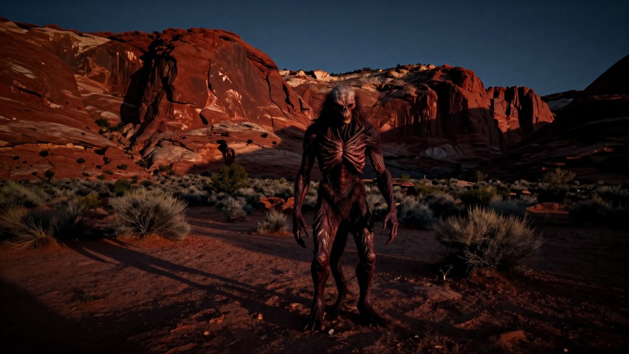 Entidad híbrida, el Skinwalker, de pie en un paisaje rocoso y desolado del Suroeste americano al anochecer.