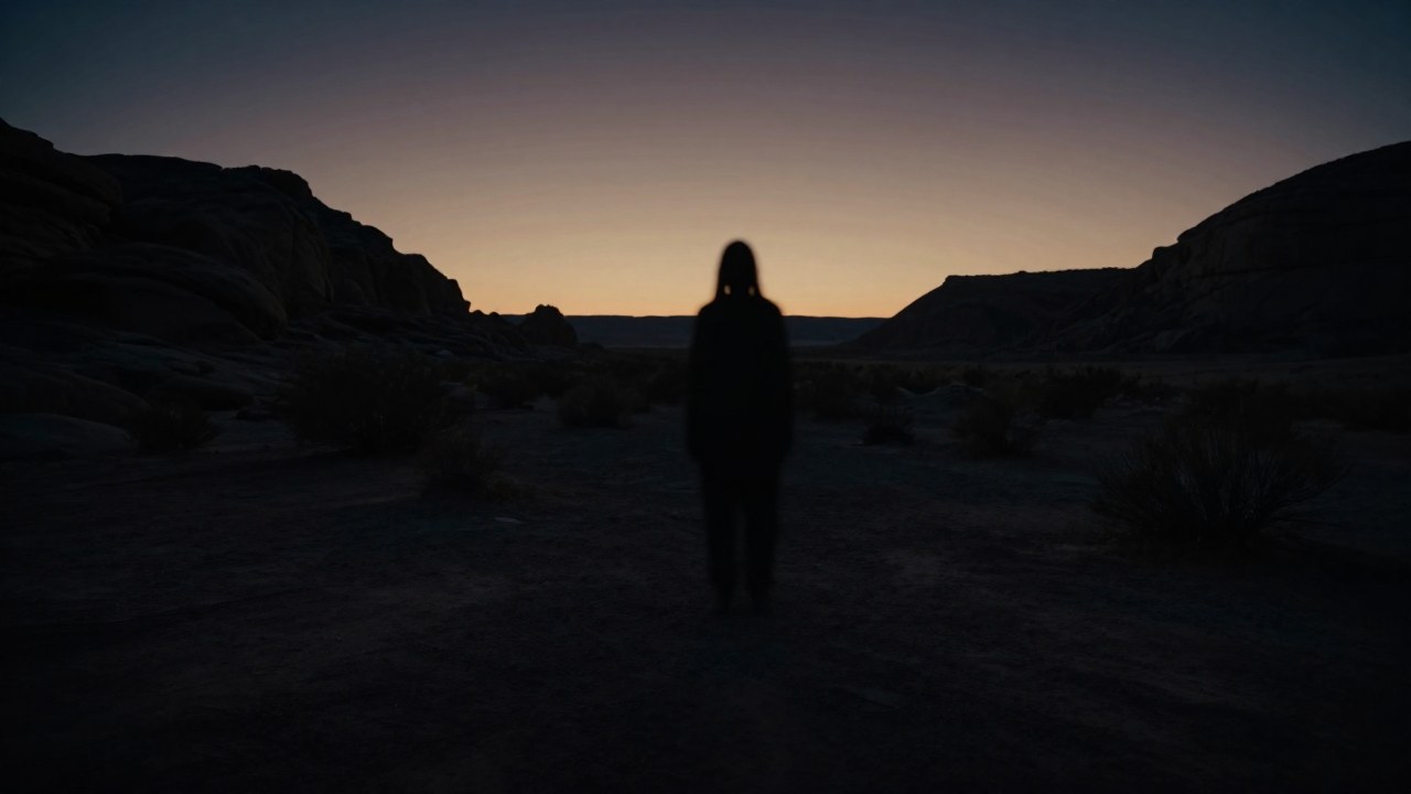 Una figura humanoide y sombría se distingue en el paisaje desértico del suroeste al atardecer.