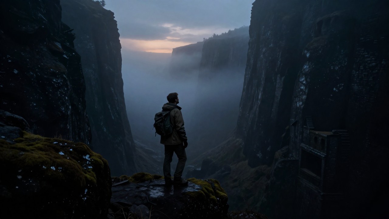 Un explorador en un paisaje desolado observa profundamente un cañón envuelto en niebla.
