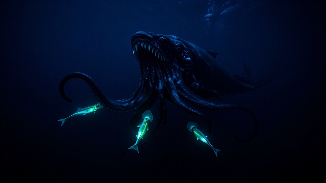 Kraken colosal cazando vida marina bioluminiscente en el abismo marino.