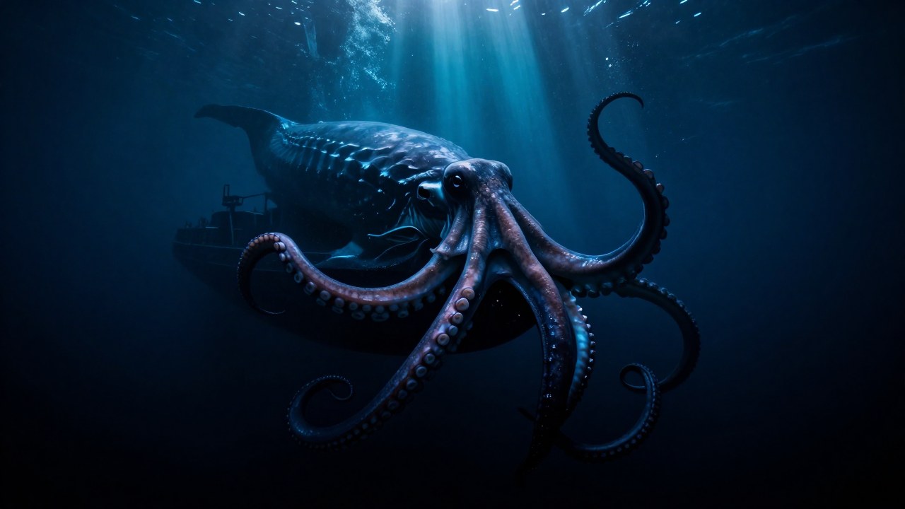 Kraken colosal en las profundidades marinas atrapando o enfrentándose a una nave o criatura.
