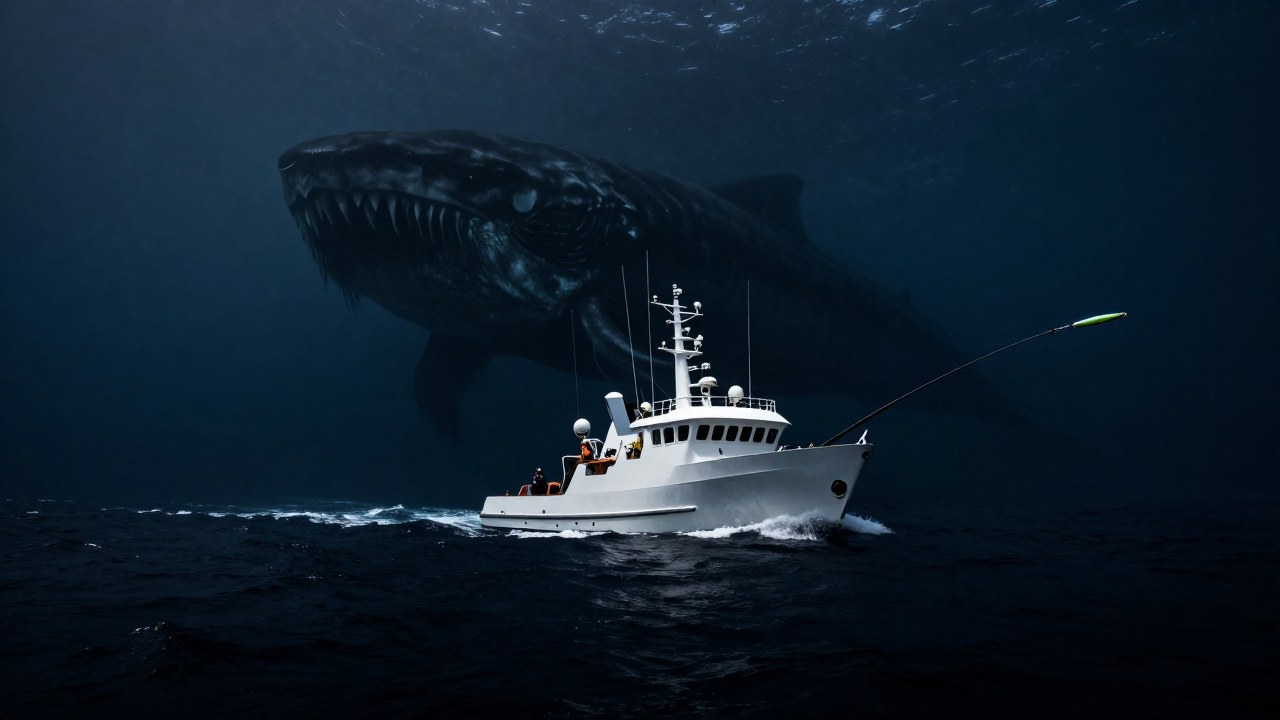 Un barco de pesca moderno lanza señuelos en el océano mientras se insinúa la silueta de un Kraken colosal.