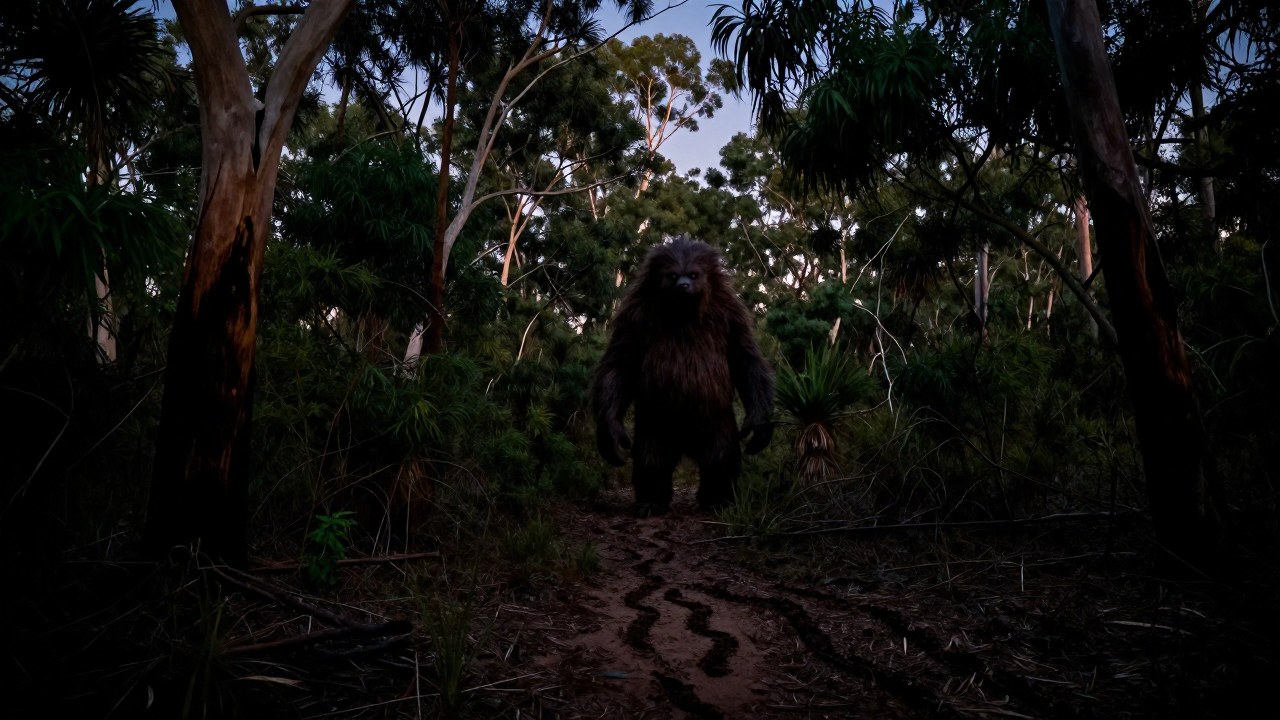 Yowie, una criatura bipedal, se oculta entre la densa vegetación de la selva australiana.