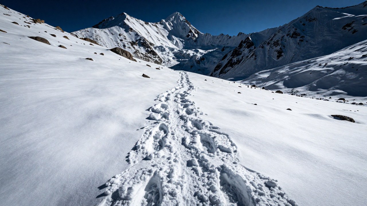 Huellas colosales en la nieve del Himalaya, sugiriendo una presencia desconocida en la montaña.